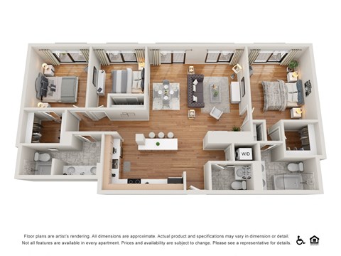 Floor plan for 3 beds, 3 baths, 1460 sqft